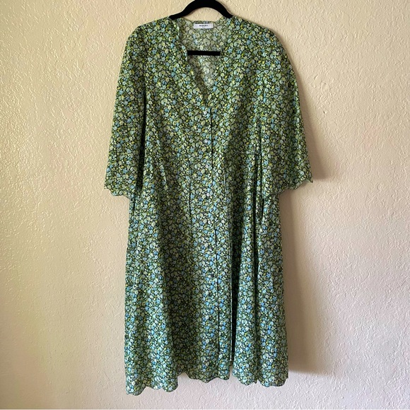 Marysia Resort Floral Long Sleeve Dress Size XS Green Blue Floral Scallop Trim - Picture 1 of 9